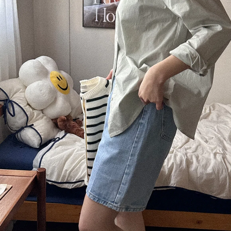 Джинсовые шорты с винтажной стиркой SummerSpring, 5/8, high-waist, big size