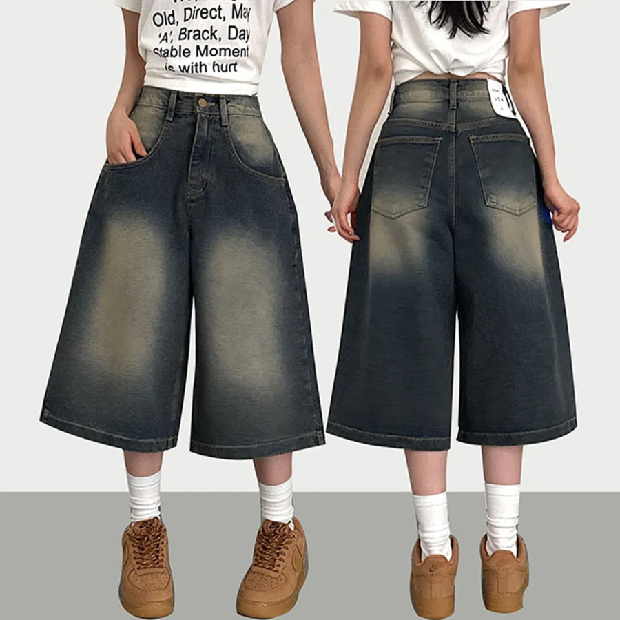 Широкие джинсовые шорты-бермуды с винтажной стиркой, 7/8, большого размера