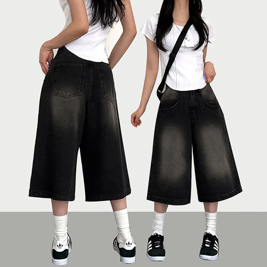 Широкие джинсовые шорты-бермуды с винтажной стиркой, 7/8, большого размера