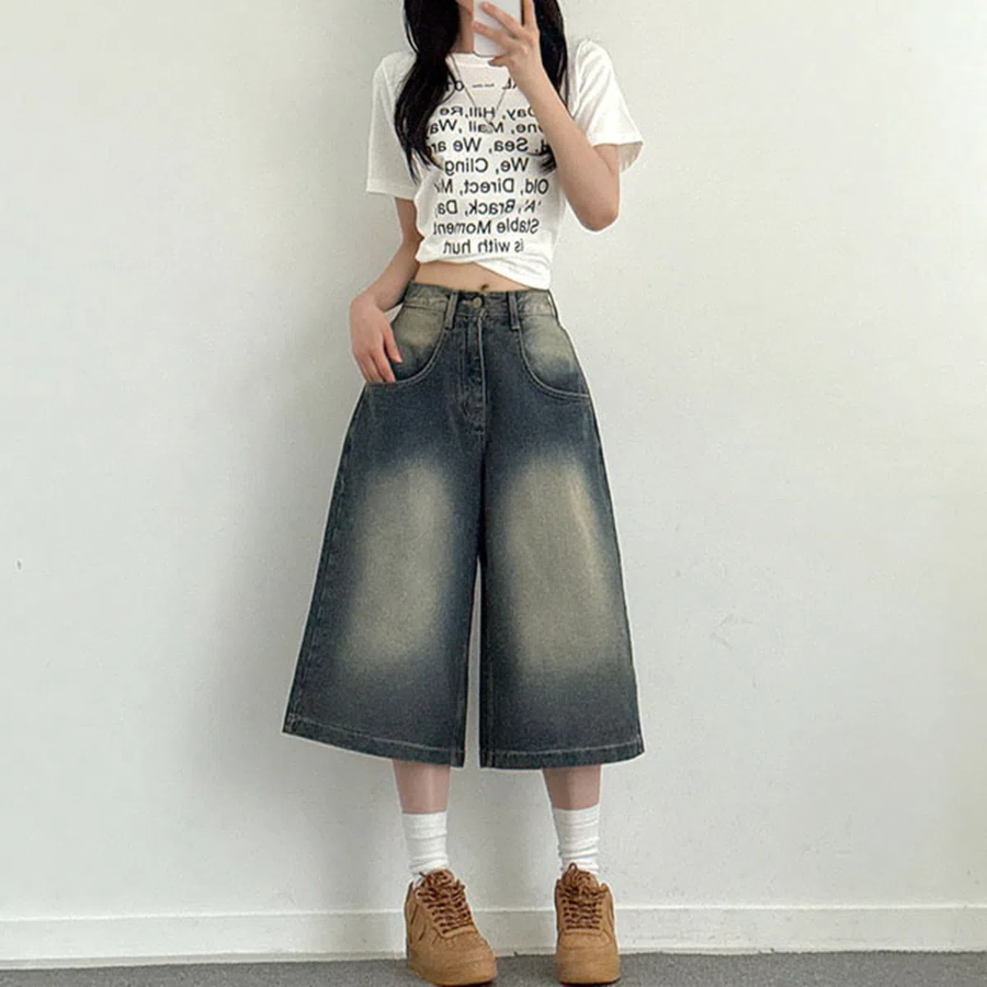 Широкие джинсовые шорты-бермуды с винтажной стиркой, 7/8, большого размера