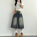 Широкие джинсовые шорты-бермуды с винтажной стиркой, 7/8, большого размера