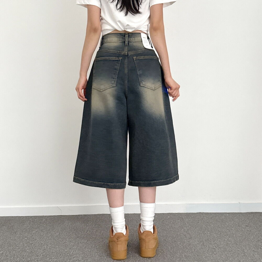 Широкие джинсовые шорты-бермуды с винтажной стиркой, 7/8, большого размера