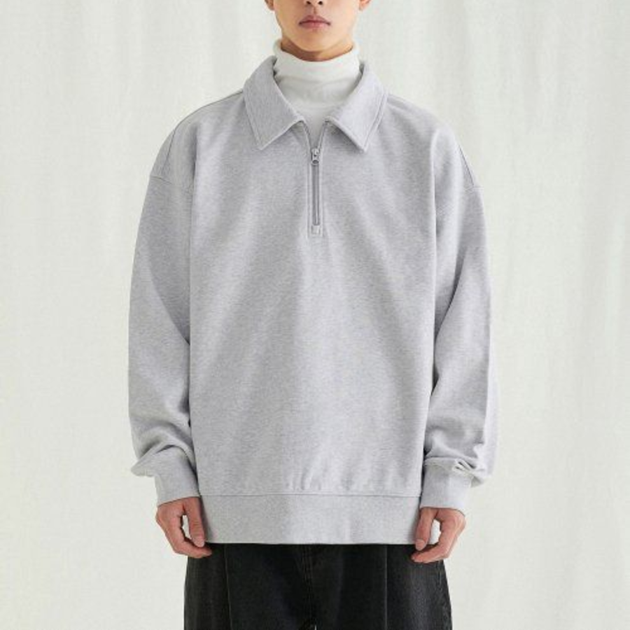Melange Master Oversized Collar Half-Zip Hoodie – Light Grey