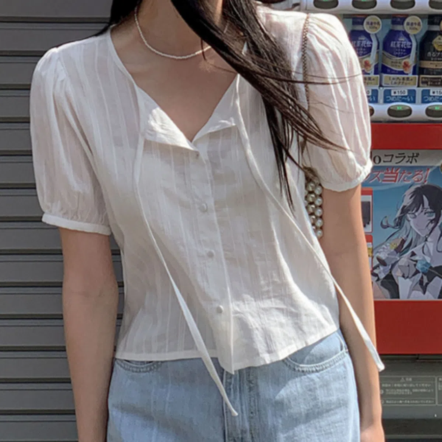 Cherry Blossom Puff Strap Short-Sleeve Blouse