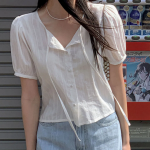 Cherry Blossom Puff Strap Short-Sleeve Blouse