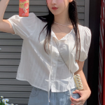 Cherry Blossom Puff Strap Short-Sleeve Blouse