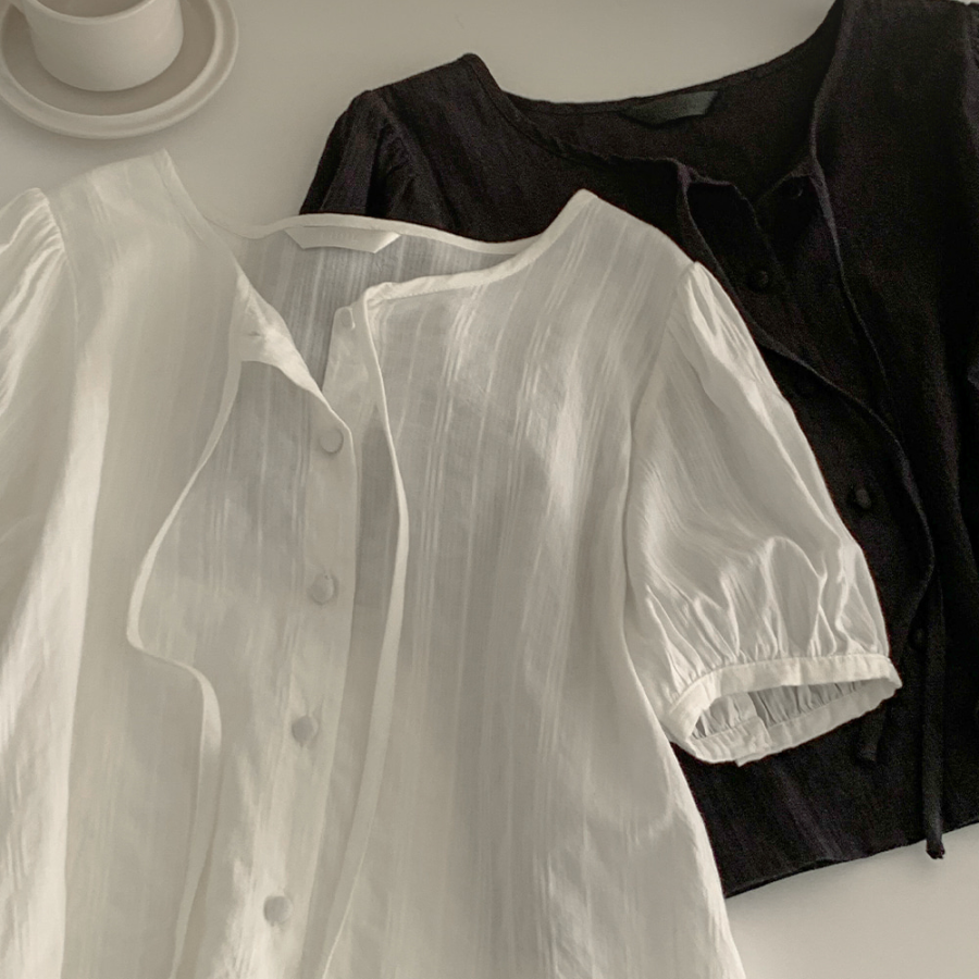 Cherry Blossom Puff Strap Short-Sleeve Blouse