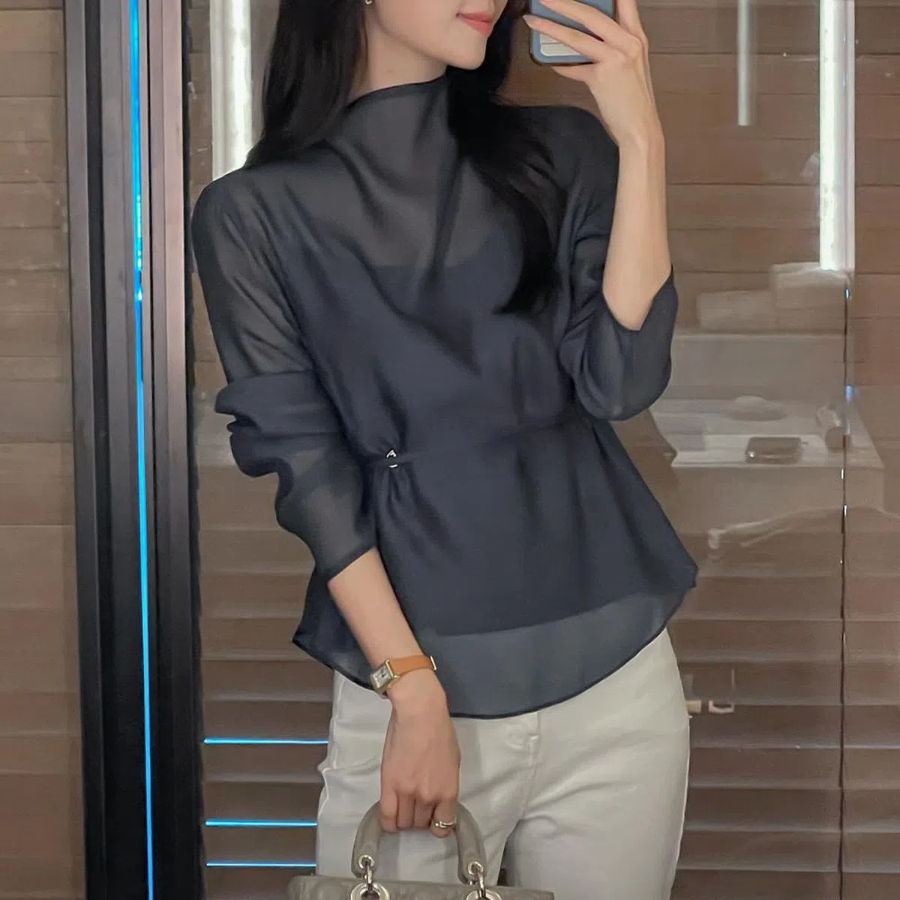 Flona – блузка Sheer Semi-High Neck Belted Blouse