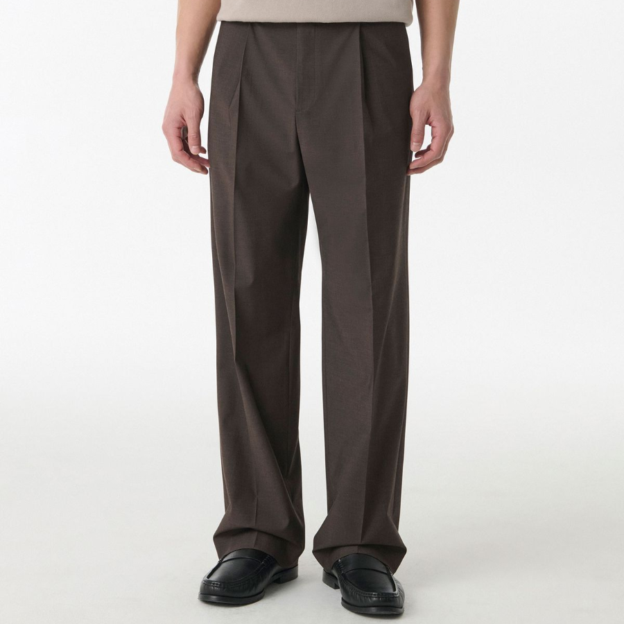 Light Plain One-Tuck Wide Hidden Banding Slacks [Brown]