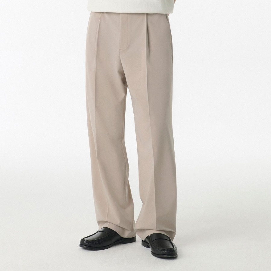 Light Plain One-Tuck Wide Hidden Banding Slacks [Light Beige]