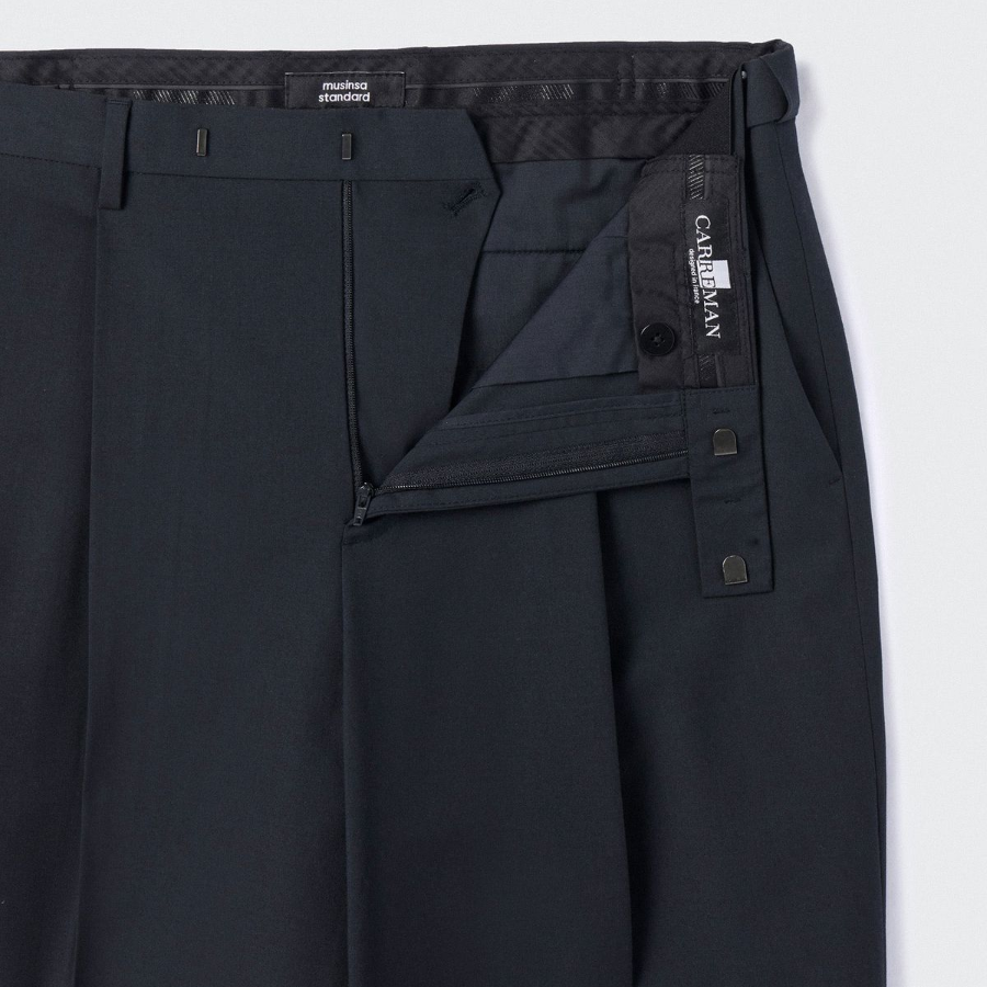 Light Plain One-Tuck Wide Hidden Banding Slacks [Navy]