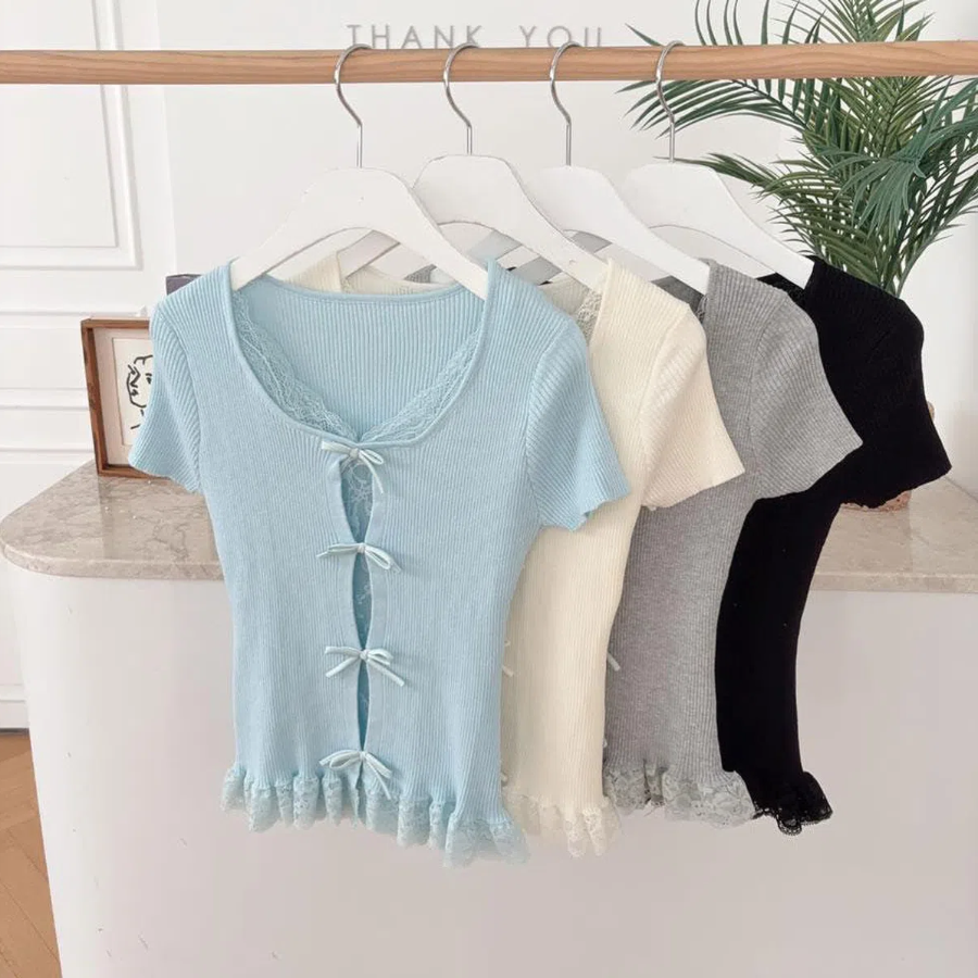 HEERIN – Lace Ribbon Frill Cardigan Knit