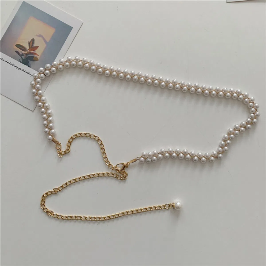 Double Pearl Chain Belt — изящный пояс-цепочка с двойным рядом жемчуга для платьев и юбок