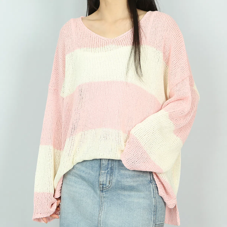 4-COLOR V-NECK STRIPE – Loose Fit Long Sleeve Knit Sweater