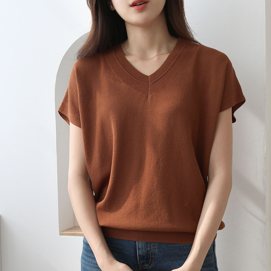 V-NECK SUMMER – Short Sleeve Cap-Sleeve Knit T-shirt
