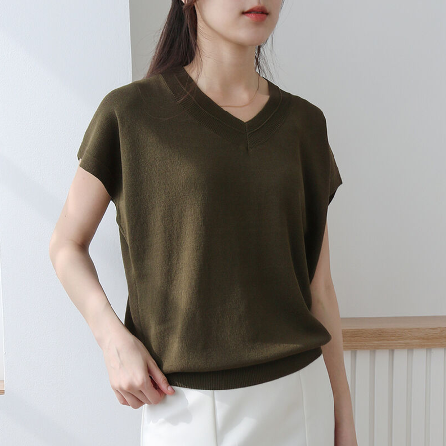 V-NECK SUMMER – Short Sleeve Cap-Sleeve Knit T-shirt