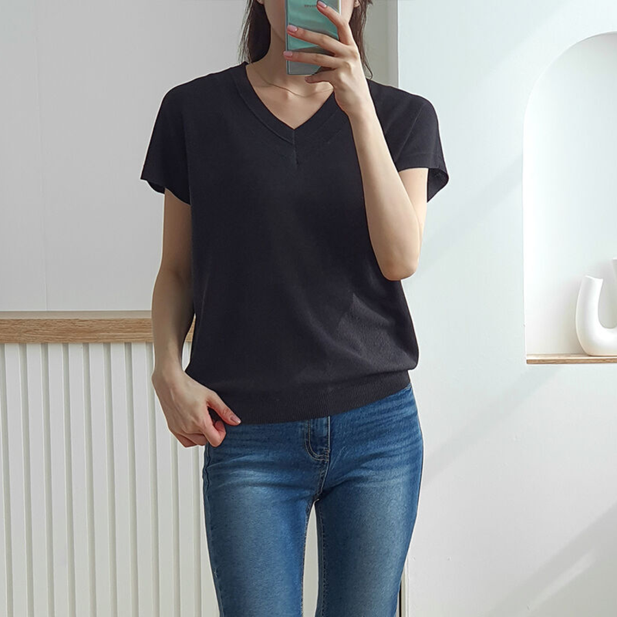 V-NECK SUMMER – Short Sleeve Cap-Sleeve Knit T-shirt