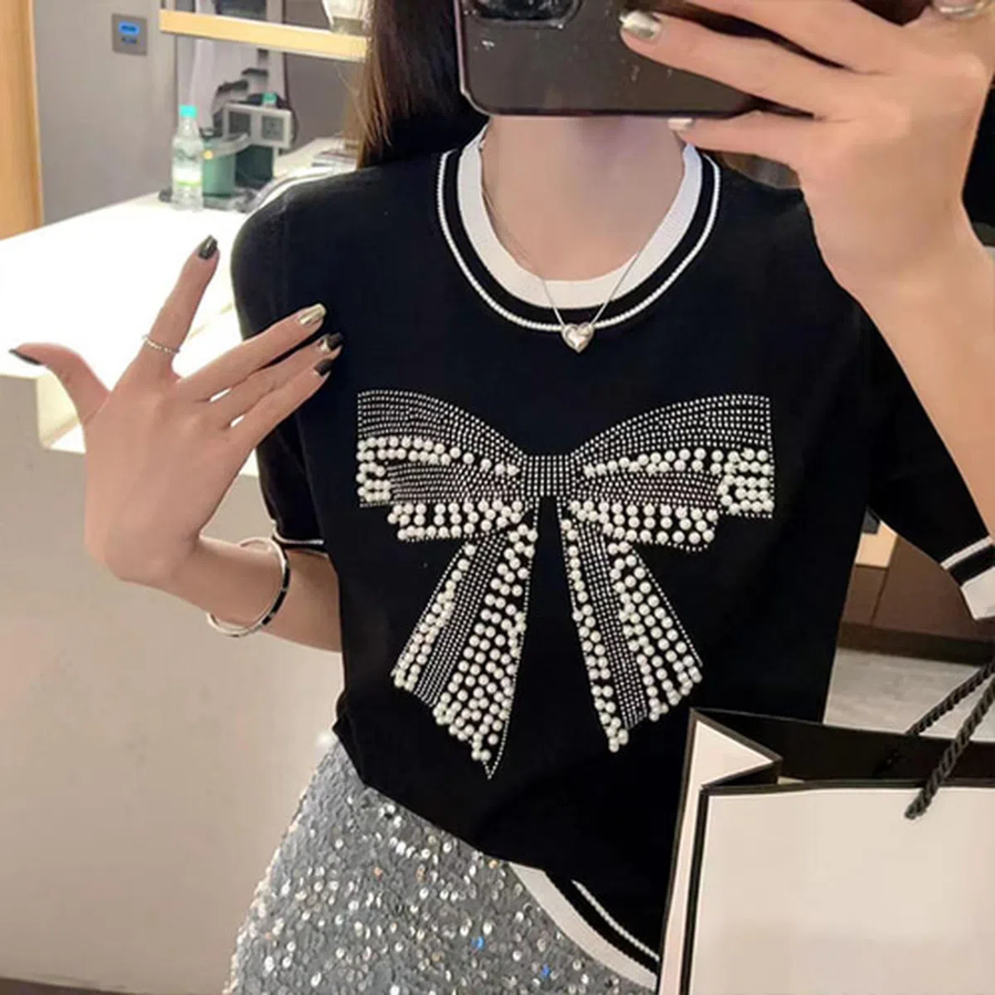 MOLLIEN – Ribbon Embroidery Lovely Casual Summer Knit T-shirt