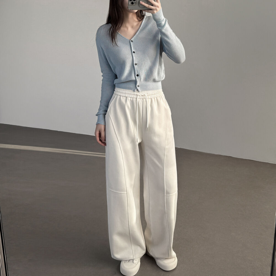 Длинные широкие трикотажные брюки с высокой посадкой и фигурными швами