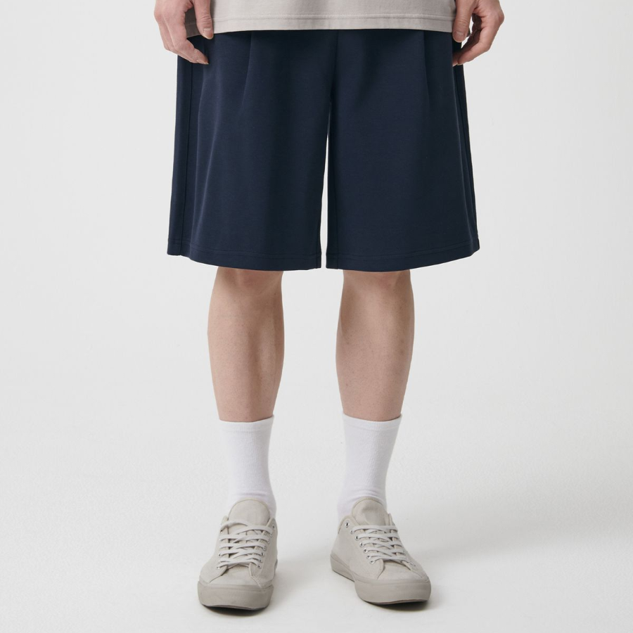 Double Knit One-Tuck Wide Sweat Shorts [Navy]
