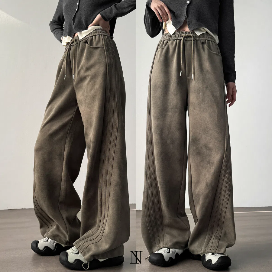 Широкие спортивные брюки с косыми полосками, эффектом стирки и шнурком на талии