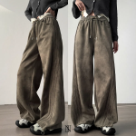 Широкие спортивные брюки с косыми полосками, эффектом стирки и шнурком на талии