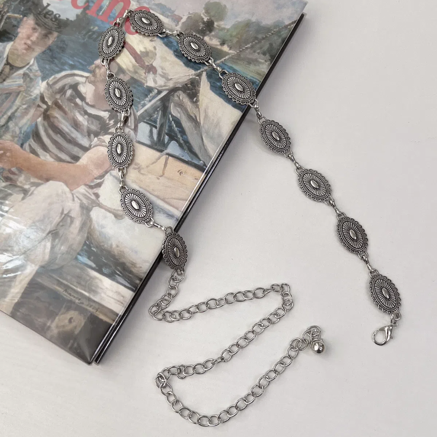 Antique Flower Chain Silver Belt — винтажный серебристый ремень с этническими цветочными мотивами