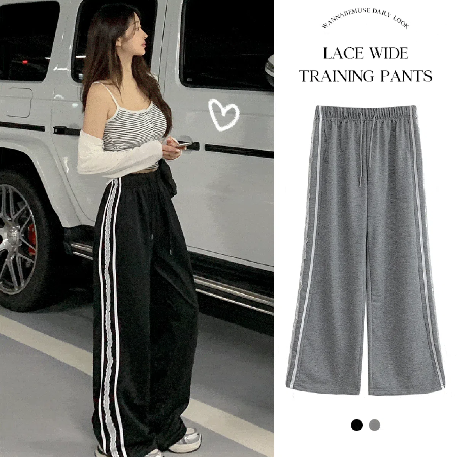 Широкие трикотажные брюки с кружевной отделкой и эластичным поясом