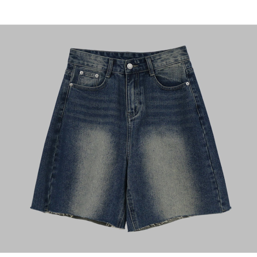 Бермуды из денима с эффектом cat brush, высокой посадкой и необработанным краем