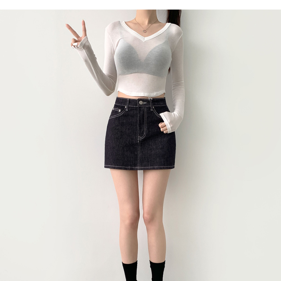 Мини-юбка-шорты из необработанного денима с эластичным поясом