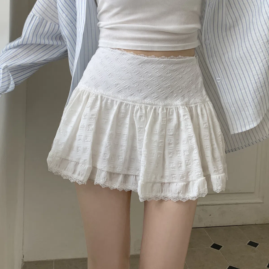 Мини-юбка-шорты с кружевом и высокой посадкой А-силуэта