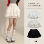 Мини-юбка с бантом, гороховым принтом и кружевными фестонами