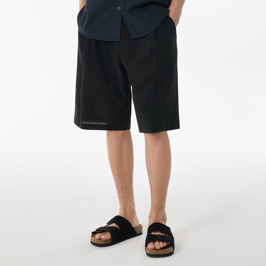 Linen-Like One-Tuck Wide Banding Shorts [Black]