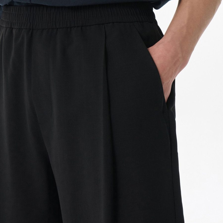 Linen-Like One-Tuck Wide Banding Shorts [Black]