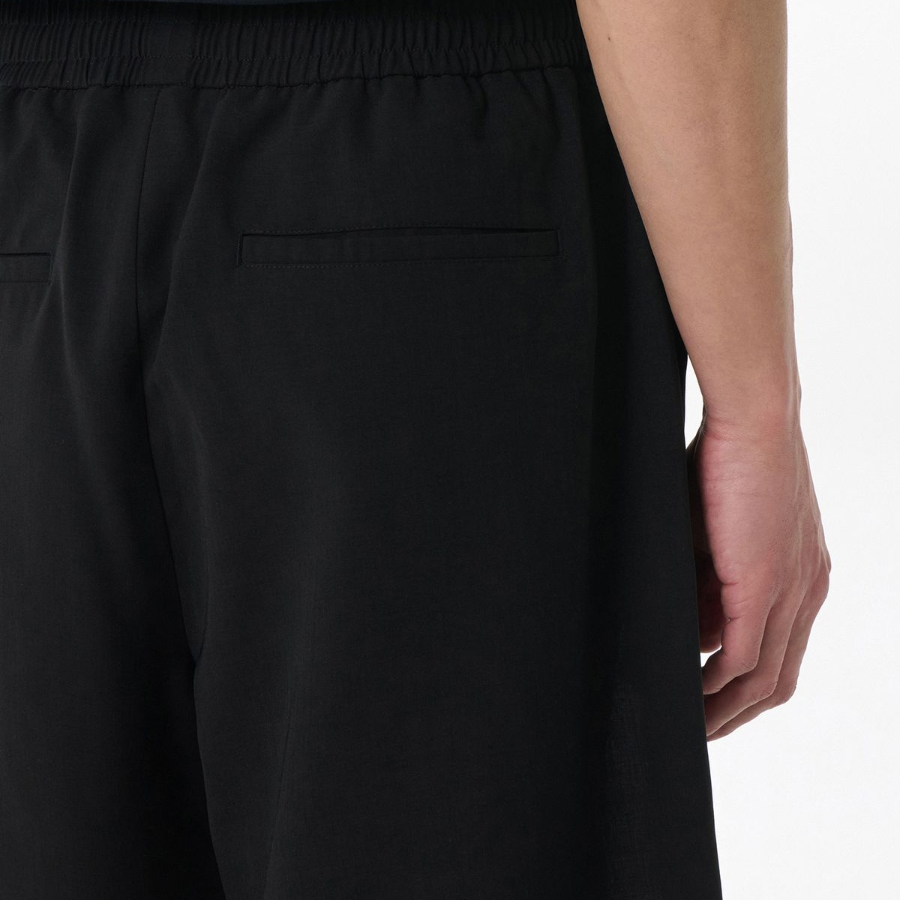 Linen-Like One-Tuck Wide Banding Shorts [Black]