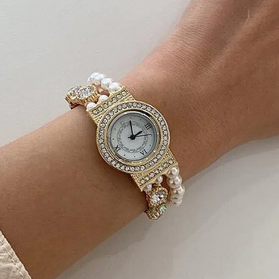 Luxury Antique Gem Pearl Cubic Metal Band Women’s Bracelet Watch — женские наручные часы с жемчугом, кристаллами и антикварным дизайном