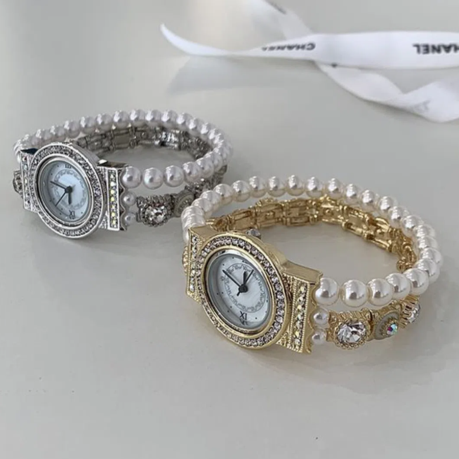 Luxury Antique Gem Pearl Cubic Metal Band Women’s Bracelet Watch — женские наручные часы с жемчугом, кристаллами и антикварным дизайном
