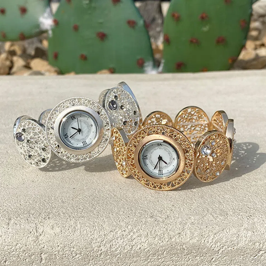 Rolling Crystal Round Lace Bangle Bracelet Watch — женские наручные часы-браслет с кружевным узором и кристаллами