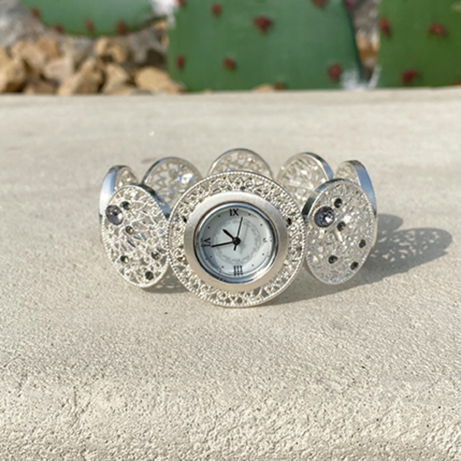 Rolling Crystal Round Lace Bangle Bracelet Watch — женские наручные часы-браслет с кружевным узором и кристаллами