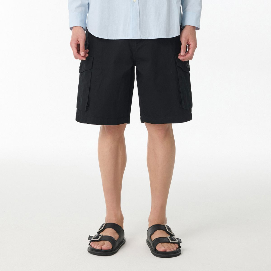 Cotton Herringbone Cargo Shorts [Black]