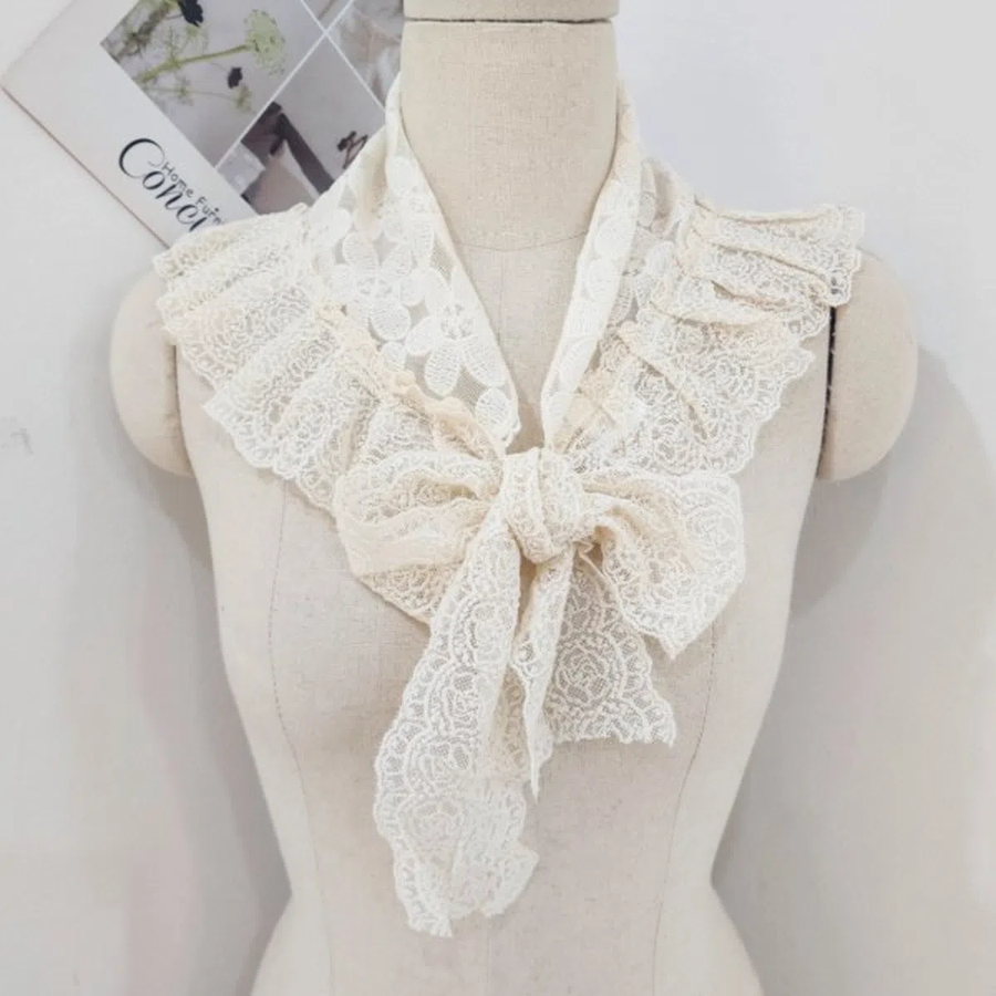 Cotton 100% Large Flower Lace Long Scarf Fake Collar — длинный шарф с крупным цветочным кружевом и эффектом ложного воротника из 100% хлопка