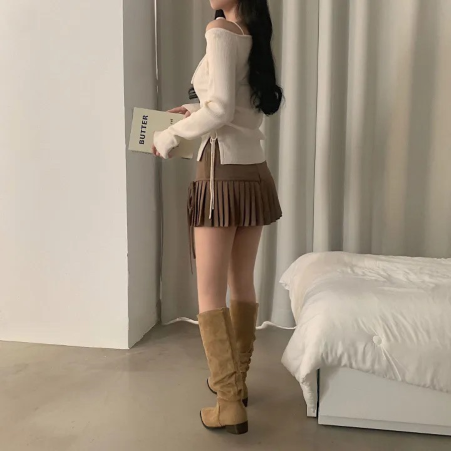 Мини-юбка с высокой посадкой, складками и бантом