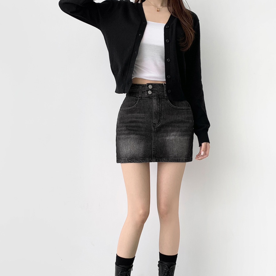 Джинсовая мини-юбка с завышенной посадкой и корректирующими вставками