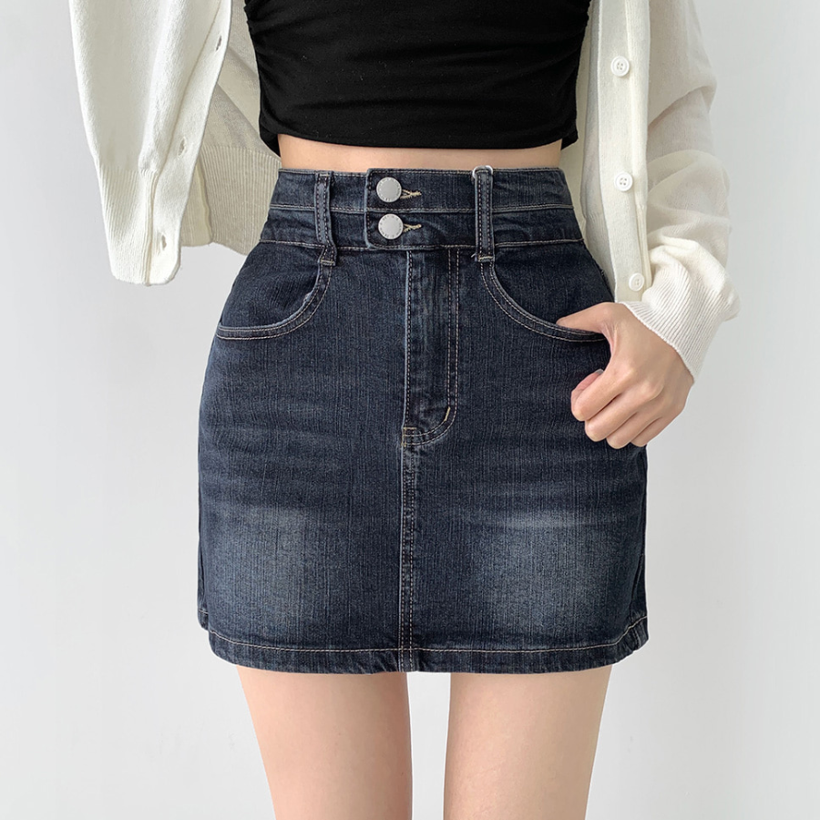 Джинсовая мини-юбка с завышенной посадкой и корректирующими вставками