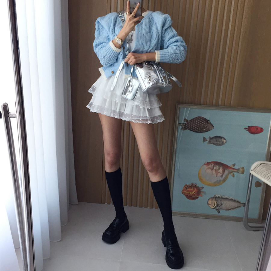 Мини-юбка A-силуэта с многослойными оборками, вышивкой и полупрозрачными вставками