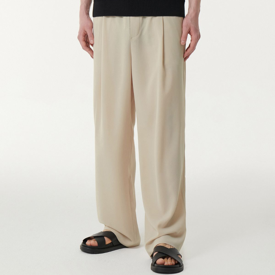 Linen-Like One Tuck Wide Banding Pants [Cream]