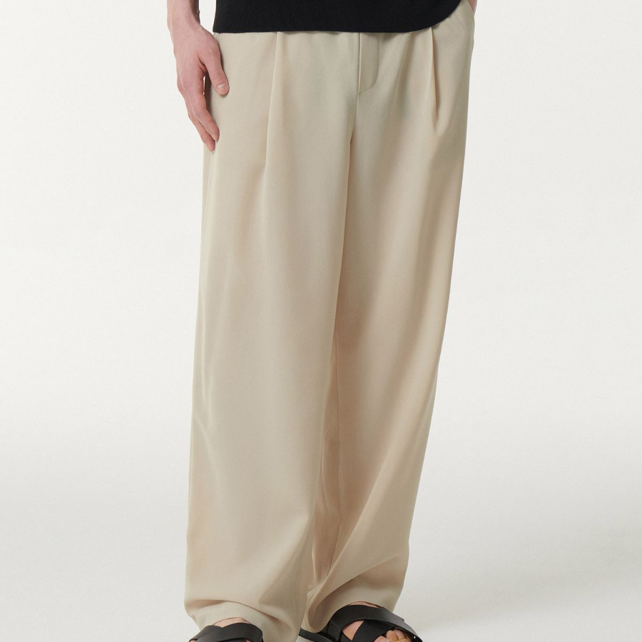 Linen-Like One Tuck Wide Banding Pants [Cream]