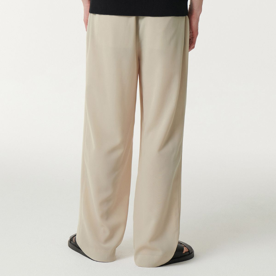 Linen-Like One Tuck Wide Banding Pants [Cream]