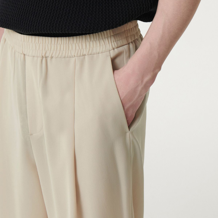 Linen-Like One Tuck Wide Banding Pants [Cream]