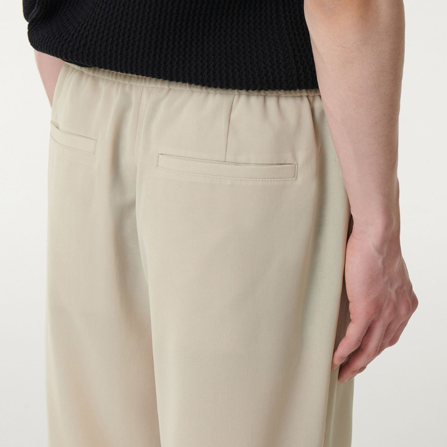 Linen-Like One Tuck Wide Banding Pants [Cream]
